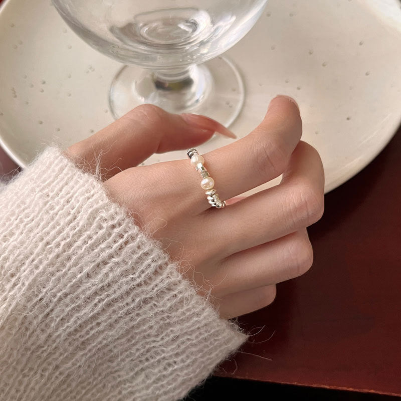 “Pearl Aura” Fluid Silver Chunk Ring