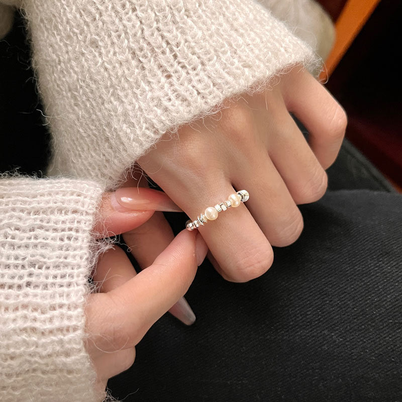 “Pearl Aura” Fluid Silver Chunk Ring