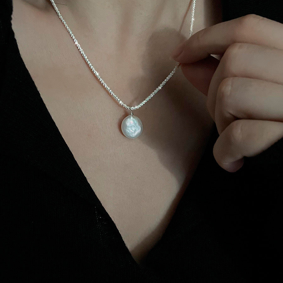 “Pearl Aura” Silver Chunk Button Necklace