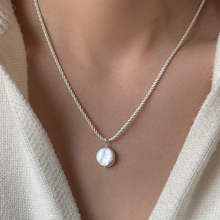 “Pearl Aura” Silver Chunk Button Necklace