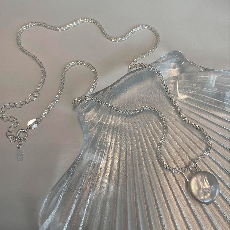 “Pearl Aura” Silver Chunk Button Necklace