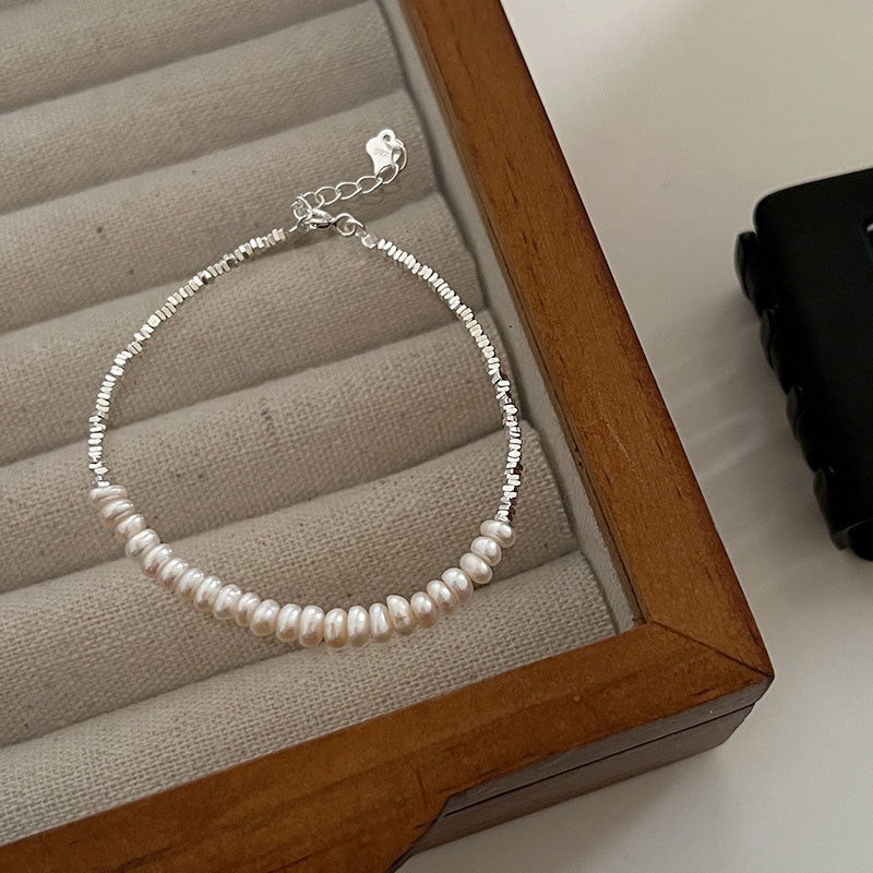 “Pearl Aura” Shredded Silver And Pearl Bracelet B02