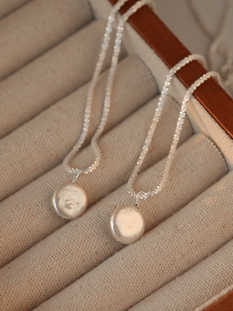 “Pearl Aura” Silver Chunk Button Necklace